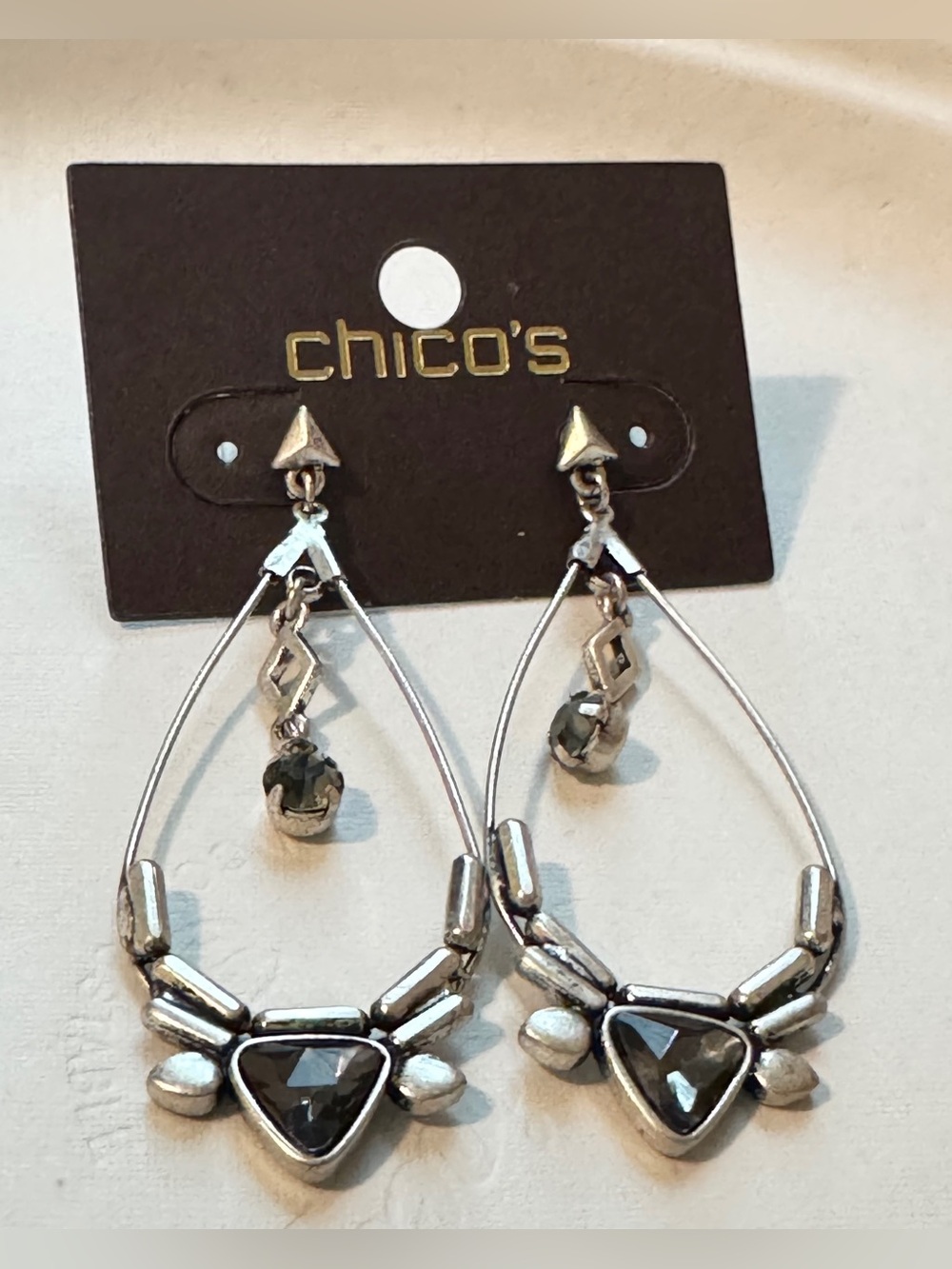 Chico’s‎ Silver Tone Beaded Teardrop Earrings Black Stone Boho NWT